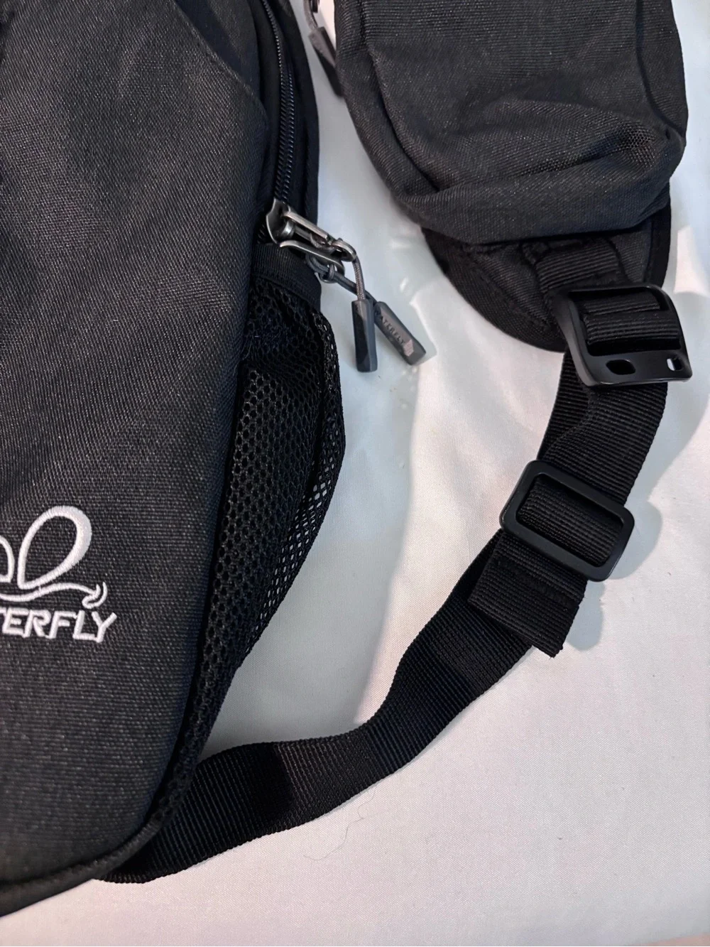 Waterfly Black Sling Backpack Crossbody Travel Bag Side Elastic Mesh Pockets
